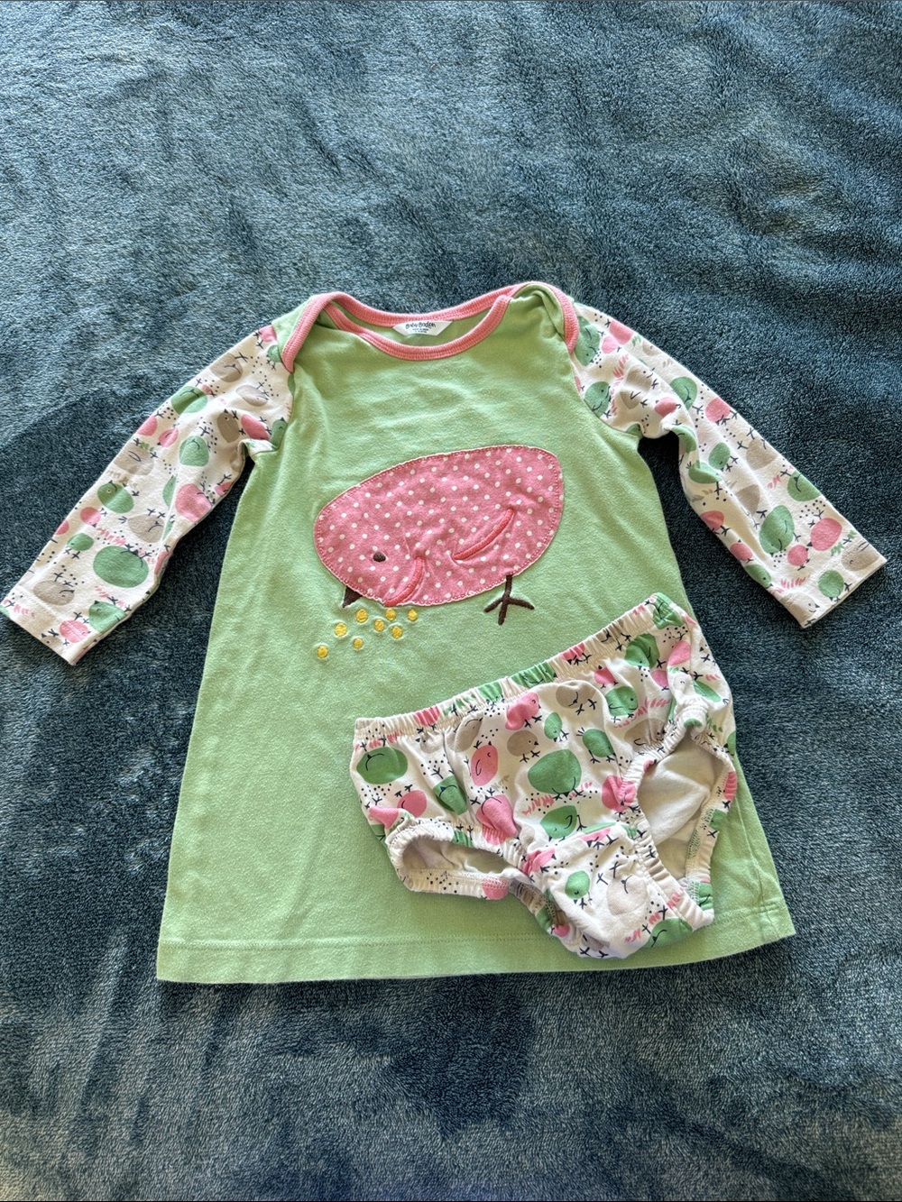Baby Boden Green and Pink Bird Dress with Printed Bloomers